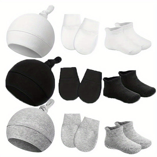 3pc Newborn Baby Hat & Mittens & Socks Soft Cotton Beanie Knot For 0-6 Months