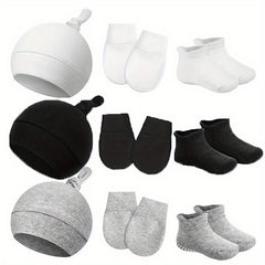 3pc Newborn Baby Hat & Mittens & Socks Soft Cotton Beanie Knot For 0-6 Months