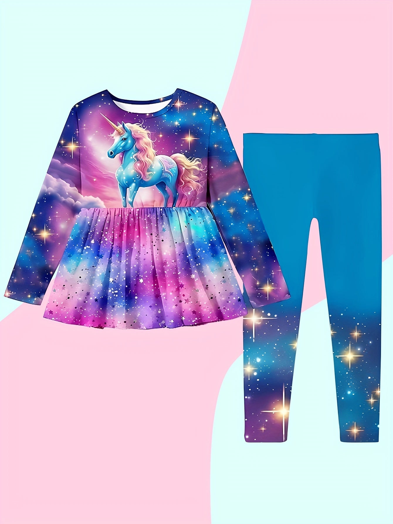 2pcs Unicorn Print Outfits Crew Neck Long Sleeve Top Pants Set