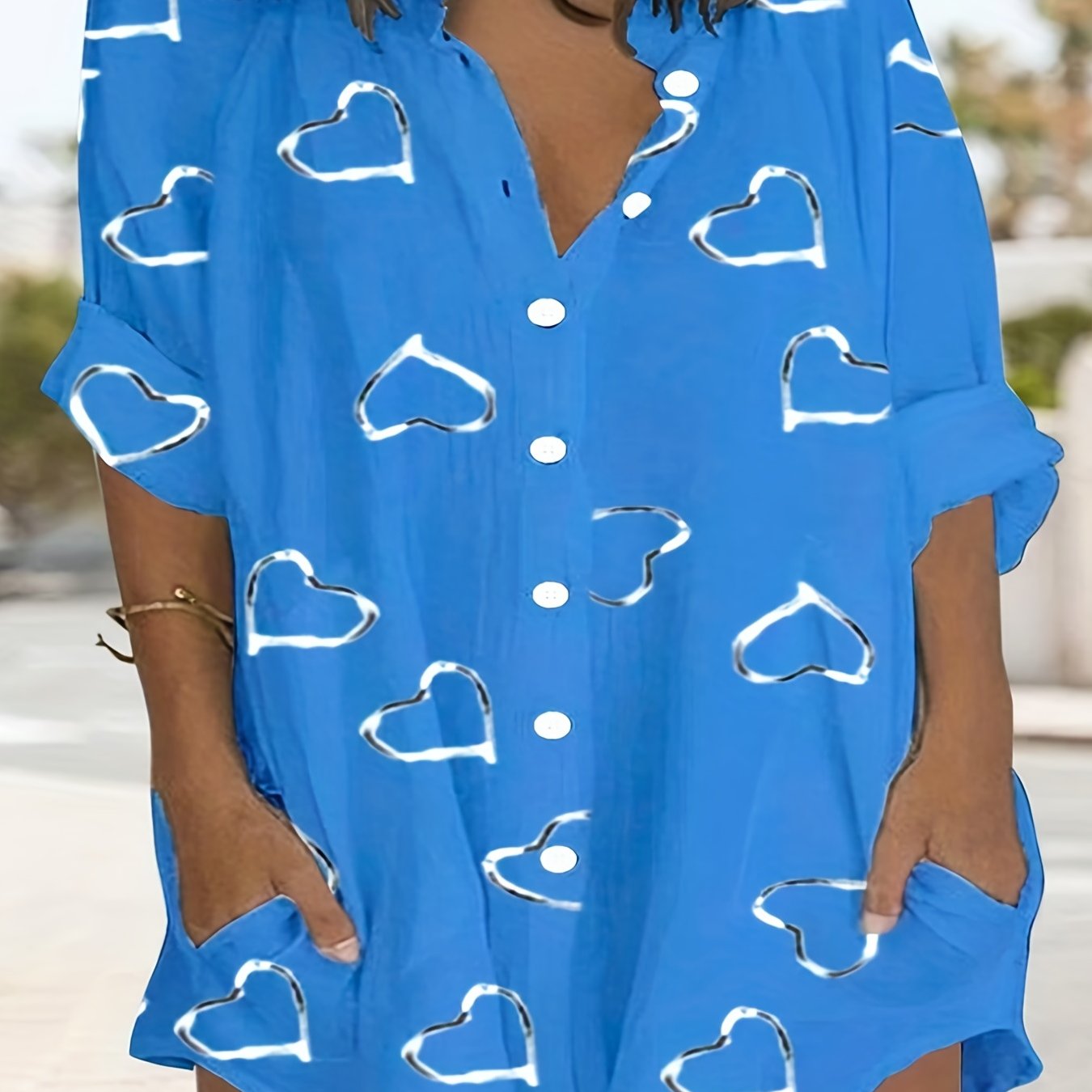 Heart Print Long Sleeve Shirt Dress