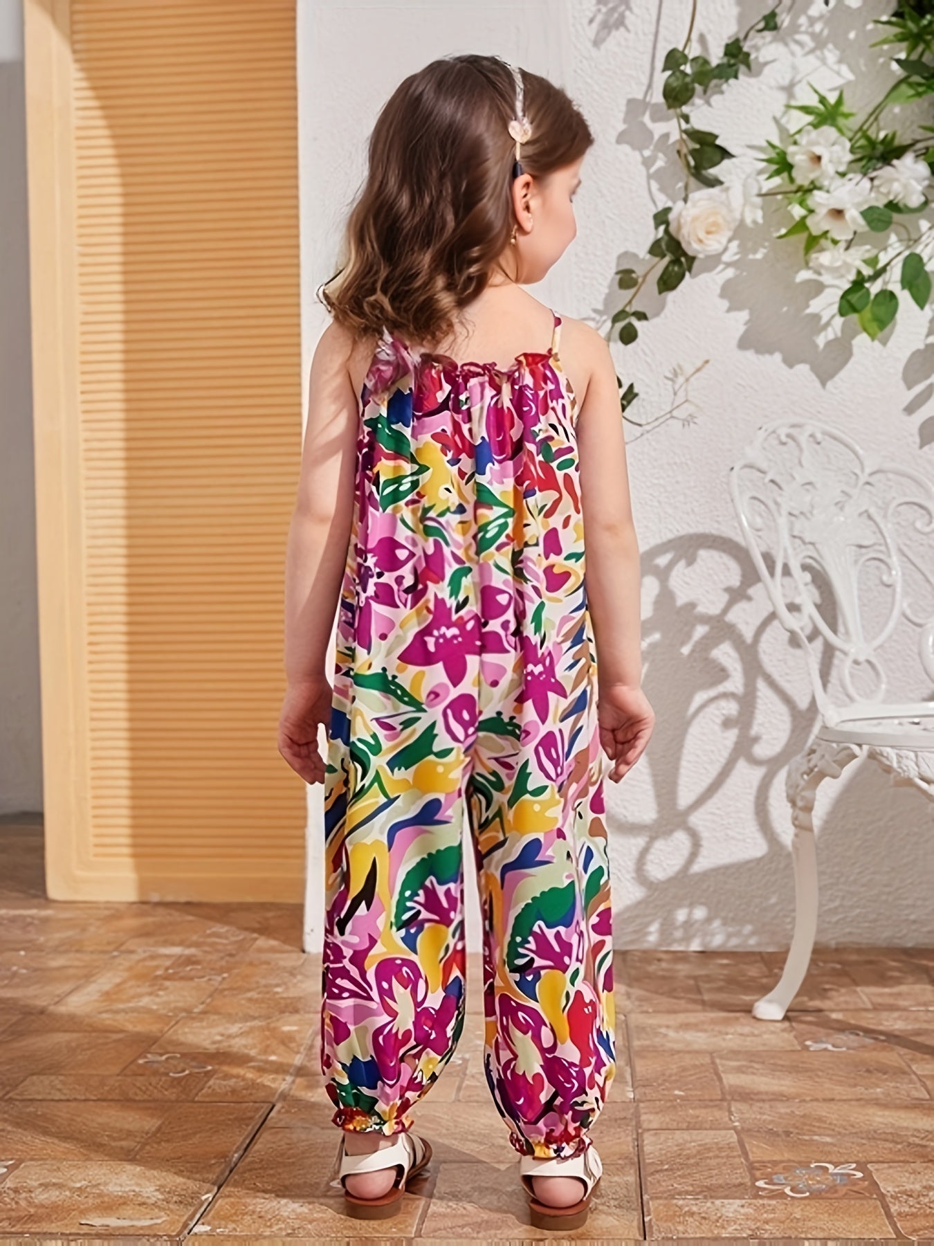 Girls Colorful Graffiti Cami Jumpsuit Halter Neck Casual Long Jumpsuit