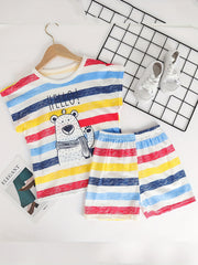 Boys Bear Print Striped Pajamas Set Sleeveless Comfortable Homewear