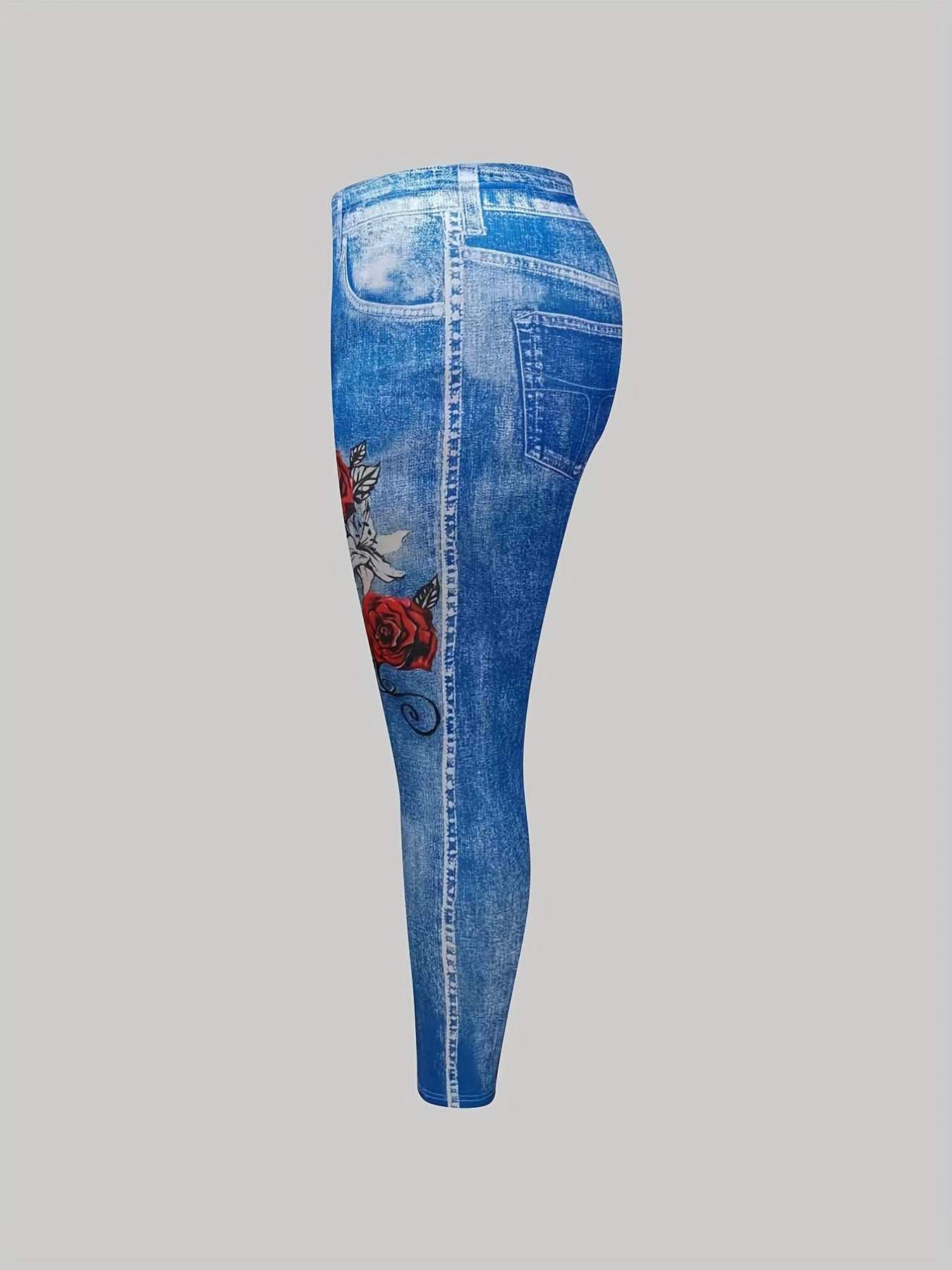 Floral & Denim Print Skinny Leggings Long Length Casual Pants Women's Clothing