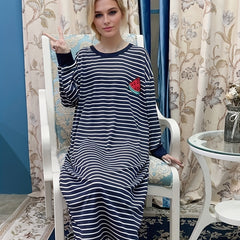 Watermelon Print Lounge Dress Long Sleeve Striped Home Dress