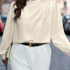 Frenchy Blouse Solid Ruched Puff Sleeve Keyhole Back Round Neck Blouse