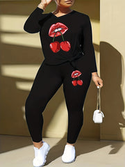 Red Lip & Cherry Print Long Sleeve V Neck Top & Leggings Set