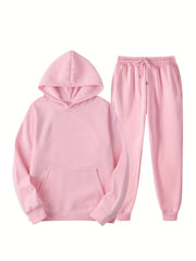 Solid Hoodie & Joggers Set Drawstring Long Sleeve Outfits