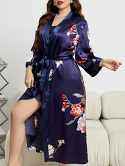 Floral Print Dress & Belted Robe Loungewear Set