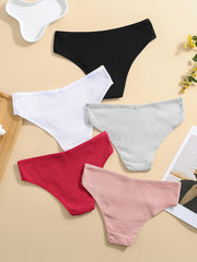 5 Pcs Ribbed Sports Panties Comfy & Breathable Hipster Panties