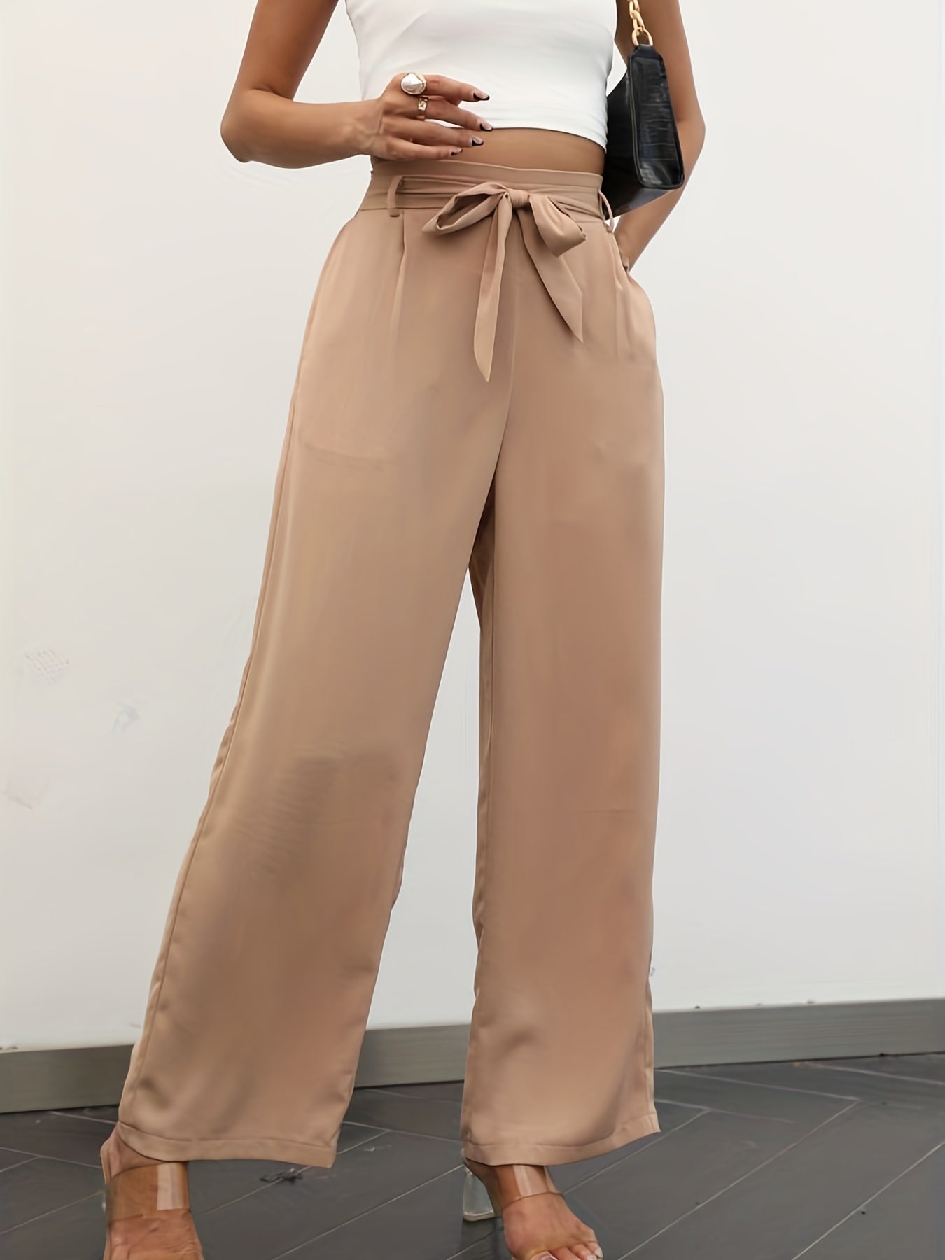 Solid Belted Wide Leg Pants for Women