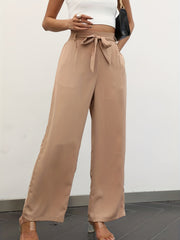 Solid Belted Wide Leg Pants for Women