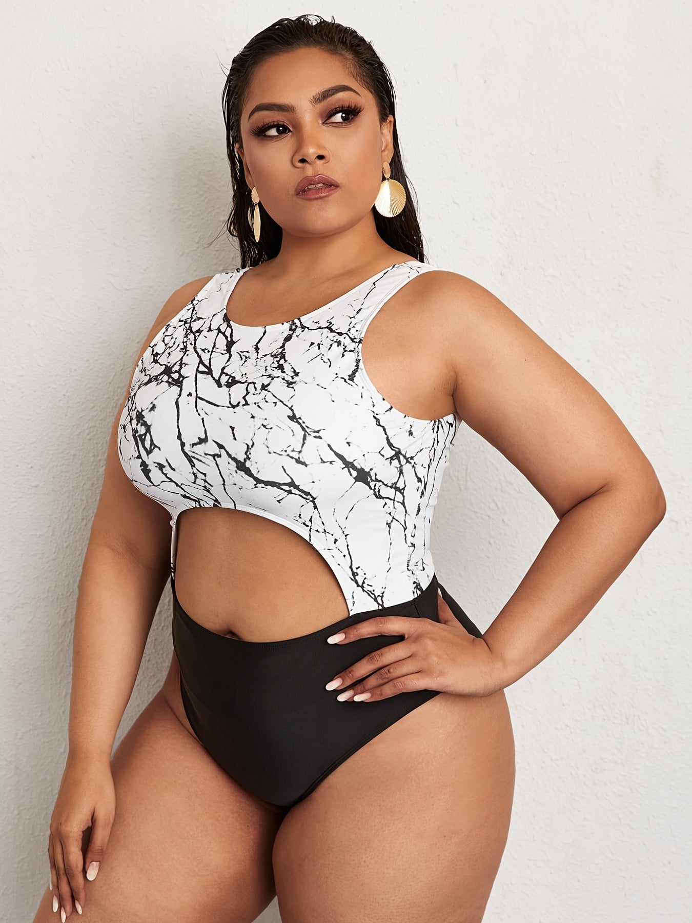 Colorblock Marble Print Cut Out One Piece Swimsuit Women's Plus