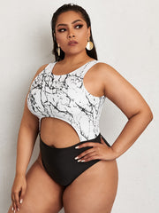 Colorblock Marble Print Cut Out One Piece Swimsuit Women's Plus