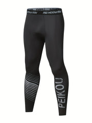 Men's Skinny Fit Letter Print Elastic Leggings for Running Trekking Walking