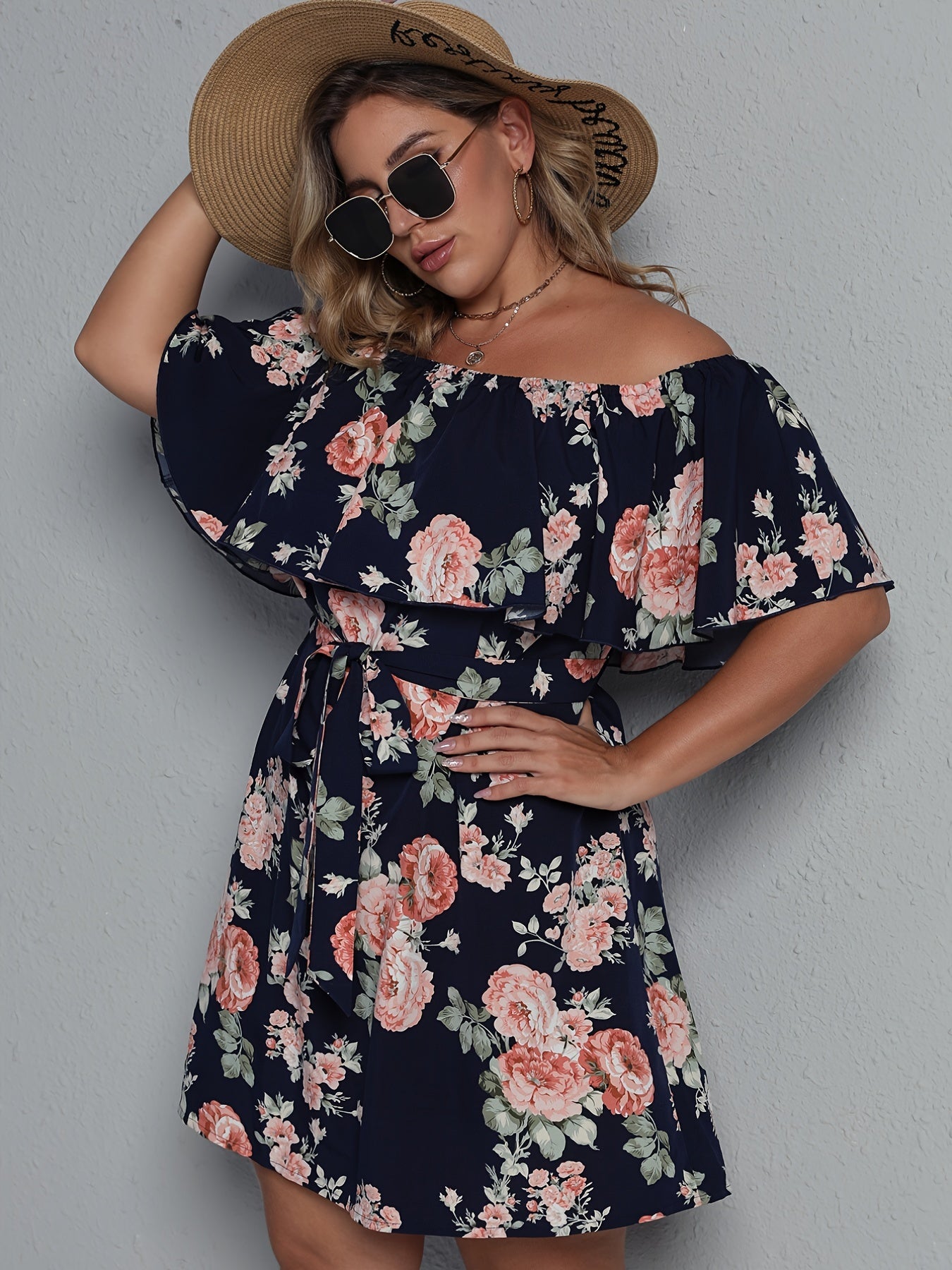 Floral Off Shoulder Plus Size Dress