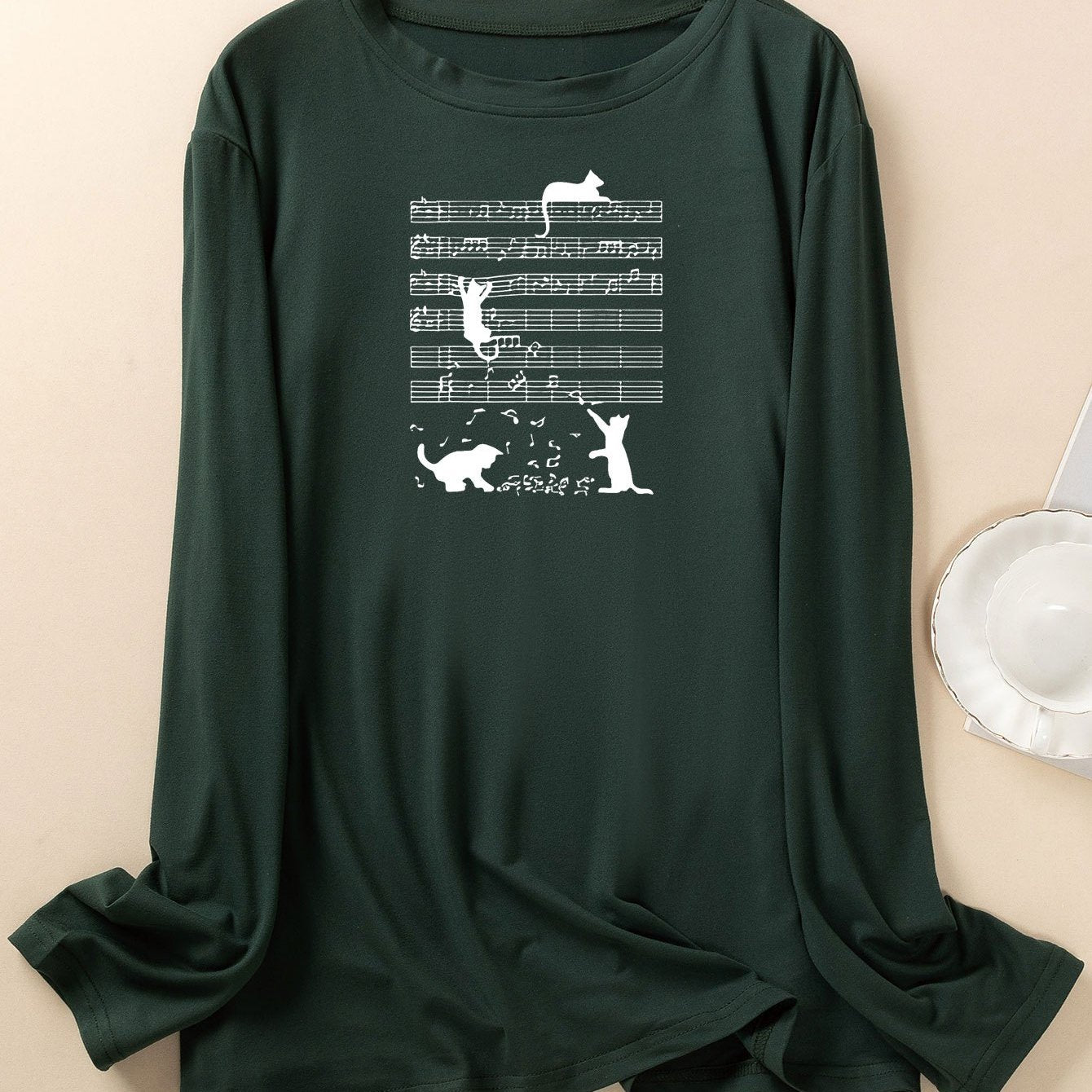 Women's Plus Cat & Musical Note Print Lounge Top Long Sleeve Crew Neck Tee