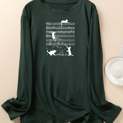 Women's Plus Cat & Musical Note Print Lounge Top Long Sleeve Crew Neck Tee