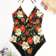 Floral Print Tie Front V-Neck Halter One Piece Bikini