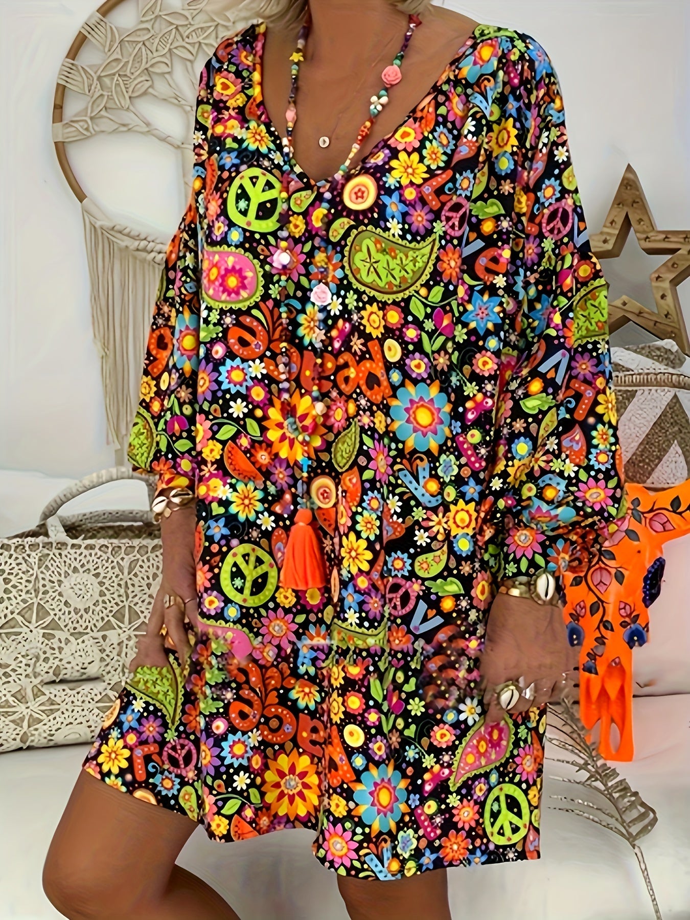 Retro Floral V-Neck Long Sleeve Dress for Women