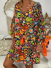 Retro Floral V-Neck Long Sleeve Dress for Women