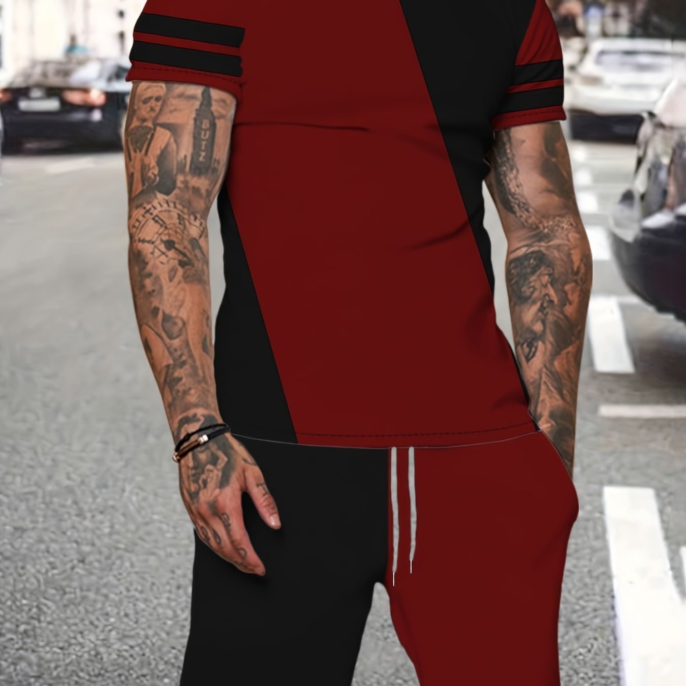 Men's Sportswear Set: Block T-shirt & Active Stretch Shorts