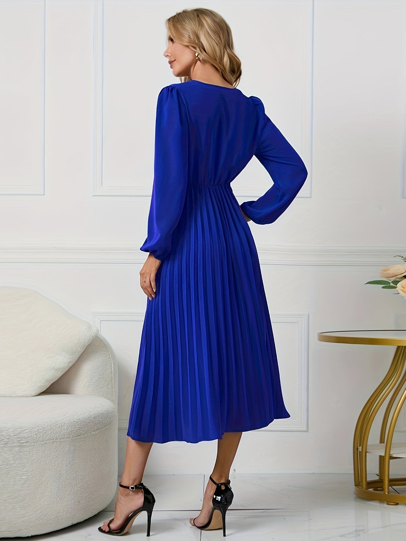 Solid Buckle Maxi Dress Lantern Sleeve Surplice Neck