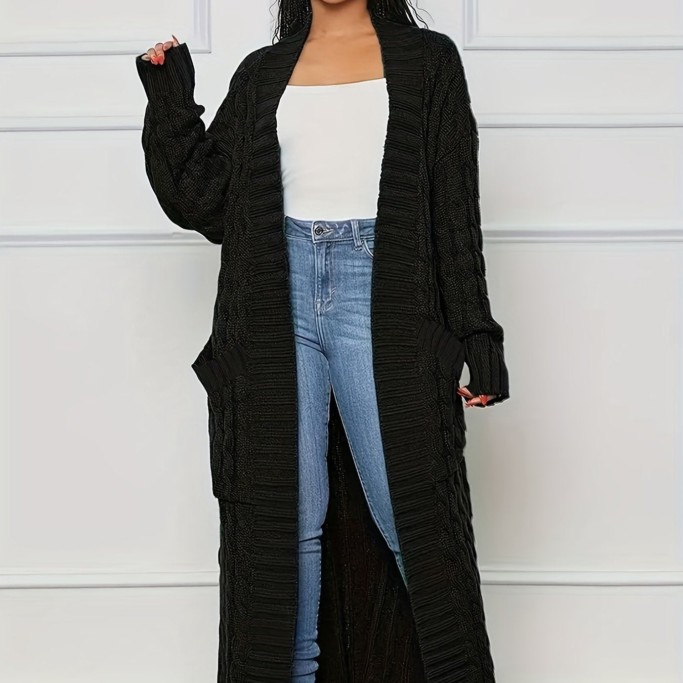 Solid Cable Long Sleeve Maxi Cardigan With Pockets
