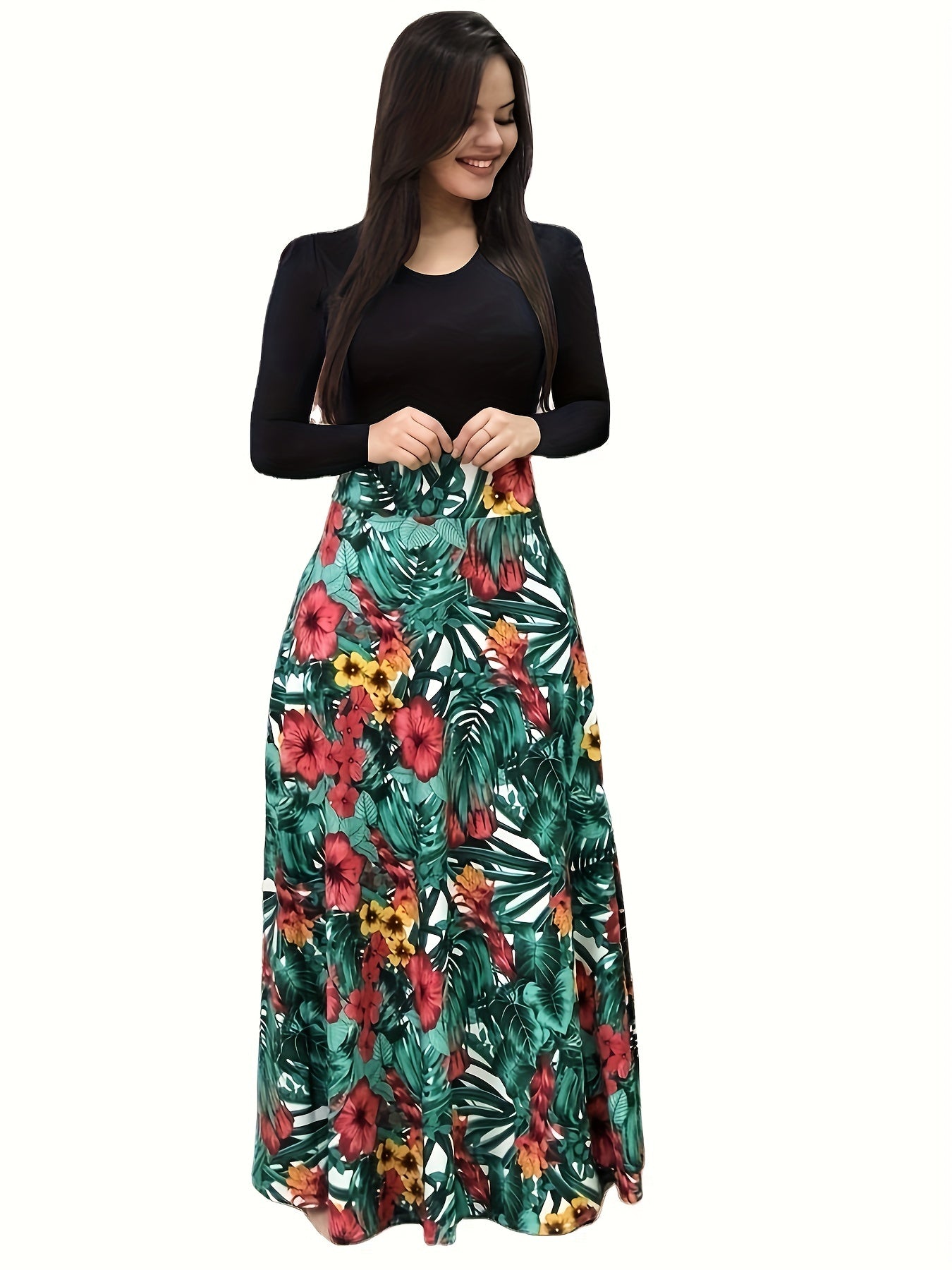 Colorblock Floral Print Long Sleeve Maxi Dress