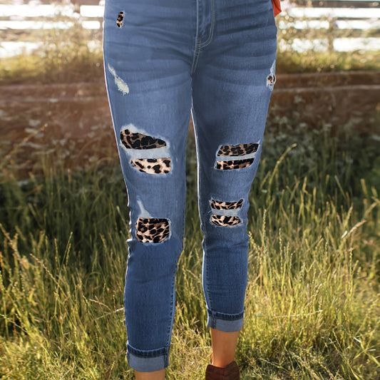 Leopard Patched Ripped Denim Pants
