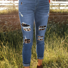Leopard Patched Ripped Denim Pants