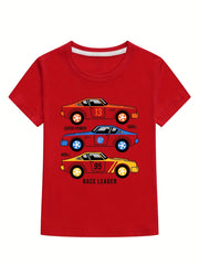 Boys Cartoon Race Car Print Cotton Short Sleeve Tops T Shirt