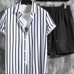 Men's Vertical Striped 2Pcs Casual Outfits Camp Collar Button Up Shirts & Drawst