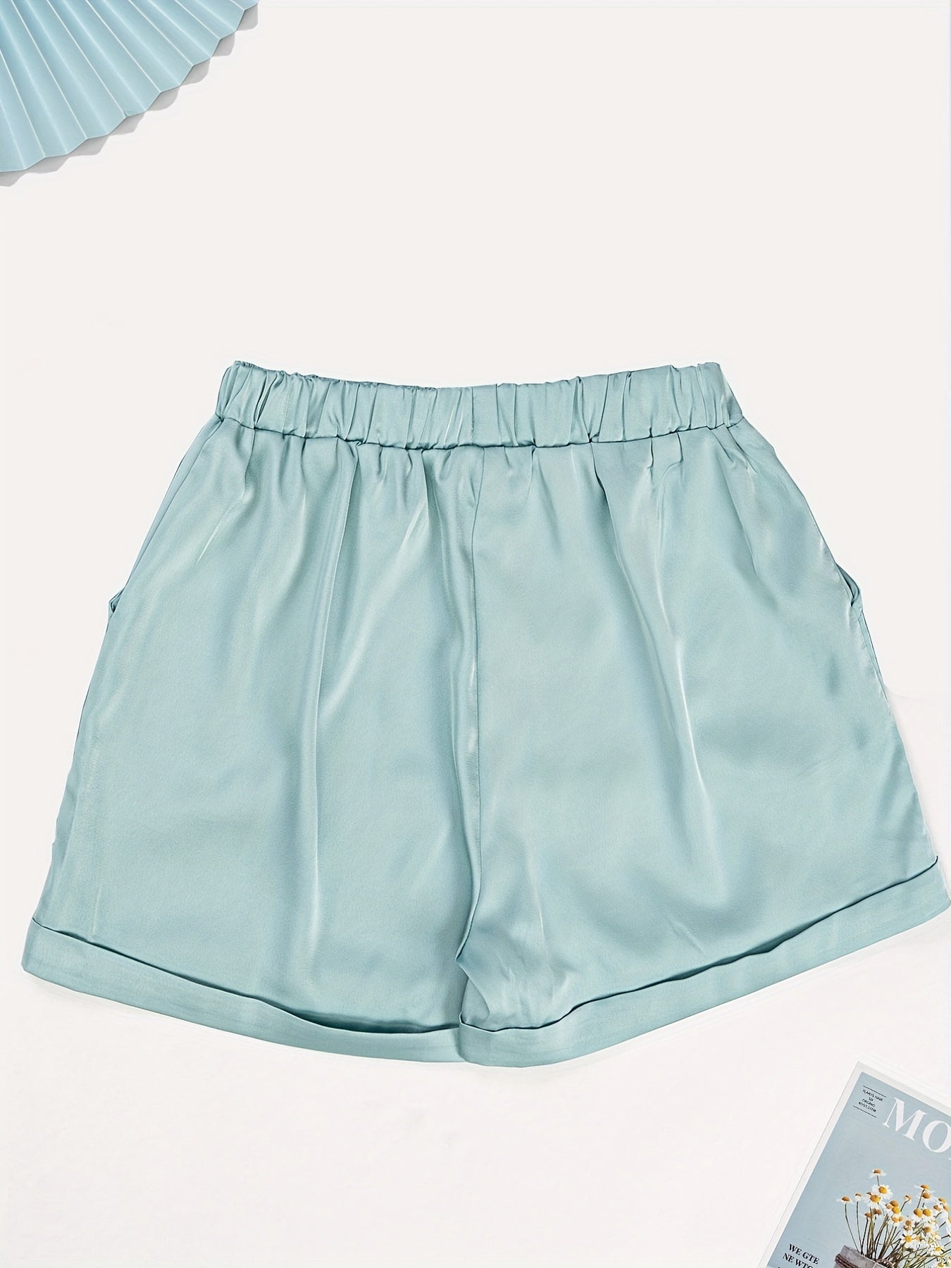 Solid Casual Elastic Waist Wide Leg Summer Shorts With Pockets