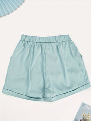 Solid Casual Elastic Waist Wide Leg Summer Shorts With Pockets