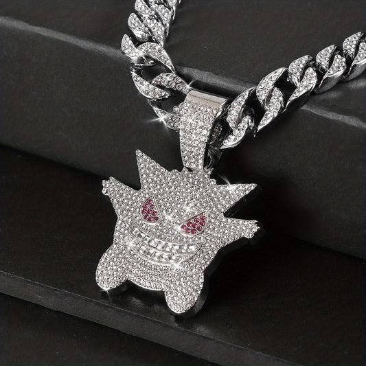 Women's Hip Hop Punk Ghost Pendant Necklace with Rhinestones Glitter Cuban Chain