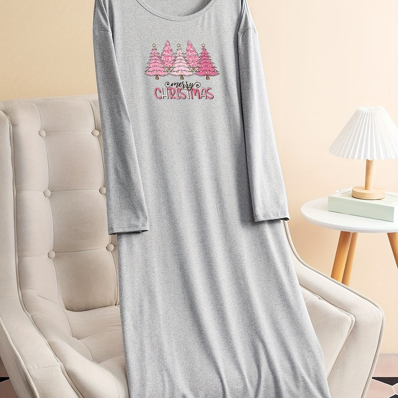 Christmas Lounge Tee Sleep Dress Women's Slogan Print Long Sleeve