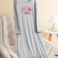 Christmas Lounge Tee Sleep Dress Women's Slogan Print Long Sleeve