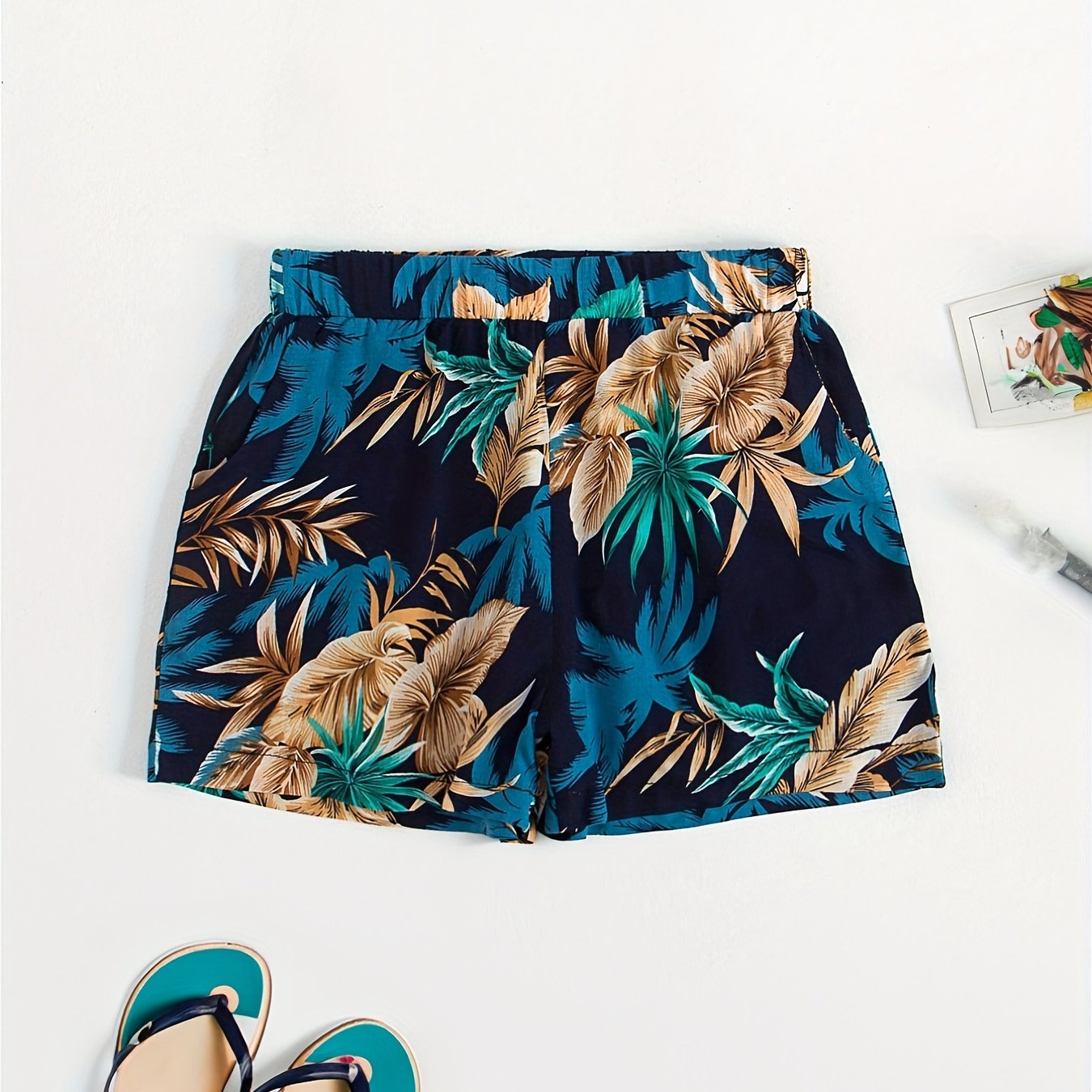 Girls Hawaiian Shorts Tropical Leaves Print Elastic Waist Beach Shorts