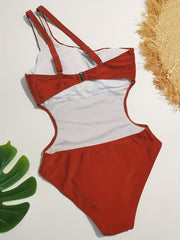 Brown One Shoulder Bathing Suit Cut Out Back Buckle Backless H
