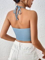 Ribbed Halter Crop Top Casual Tie Back Neck Summer Sleeveless Top