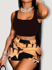Sexy Slim 2pc Set Sleeveless Tank Top & Geo Print Shorts Outfits