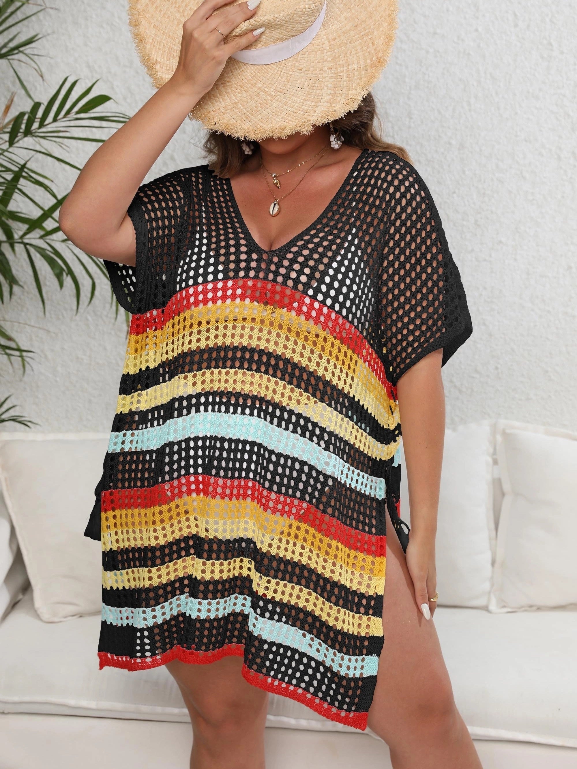 Striped Batwing Sleeve V Neck Beach Cover Up