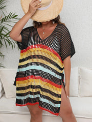 Striped Batwing Sleeve V Neck Beach Cover Up