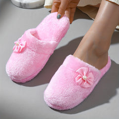 Women's BowKnot Decor Slippers Closed Toe Slip On Shoes Comfortable & Warm