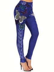 Butterfly & Denim Print Skinny Leggings Women's Casual Leggings C
