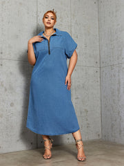 Denim Polo Neck Maxi Dress with Pockets