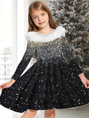 Girls Bow Christmas Tree Graphic Long Sleeve Dress