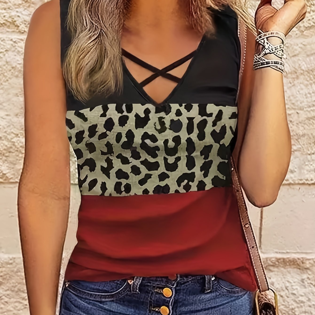 Leopard Print Tank Top, Criss Cross V Neck