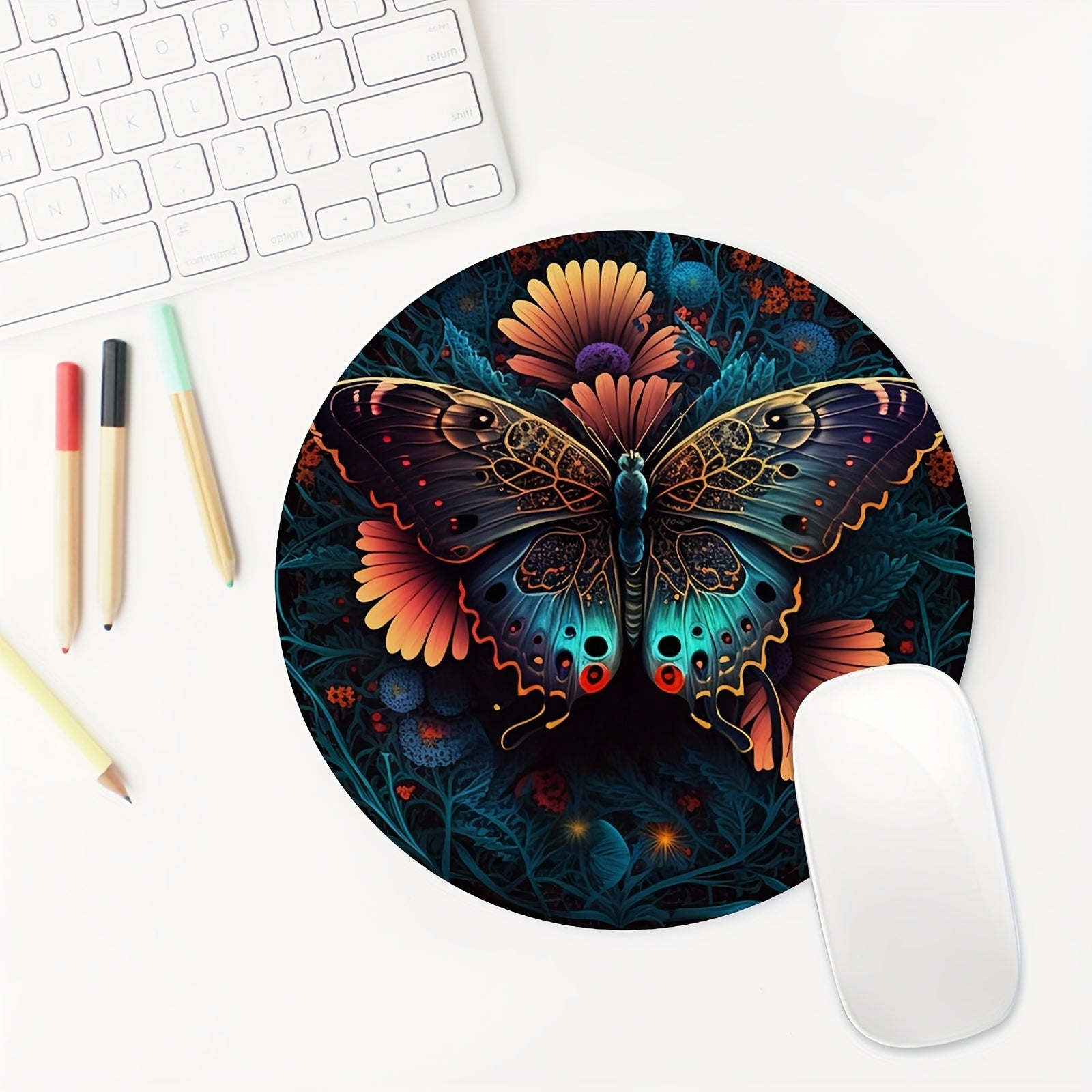 Colorful Butterfly Round Mouse Pad - Non Slip Rubber Base - Small Size