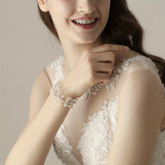 Faux Pearl Rhinestone Wristband Mesh Ribbon Bridal Wedding Accessory